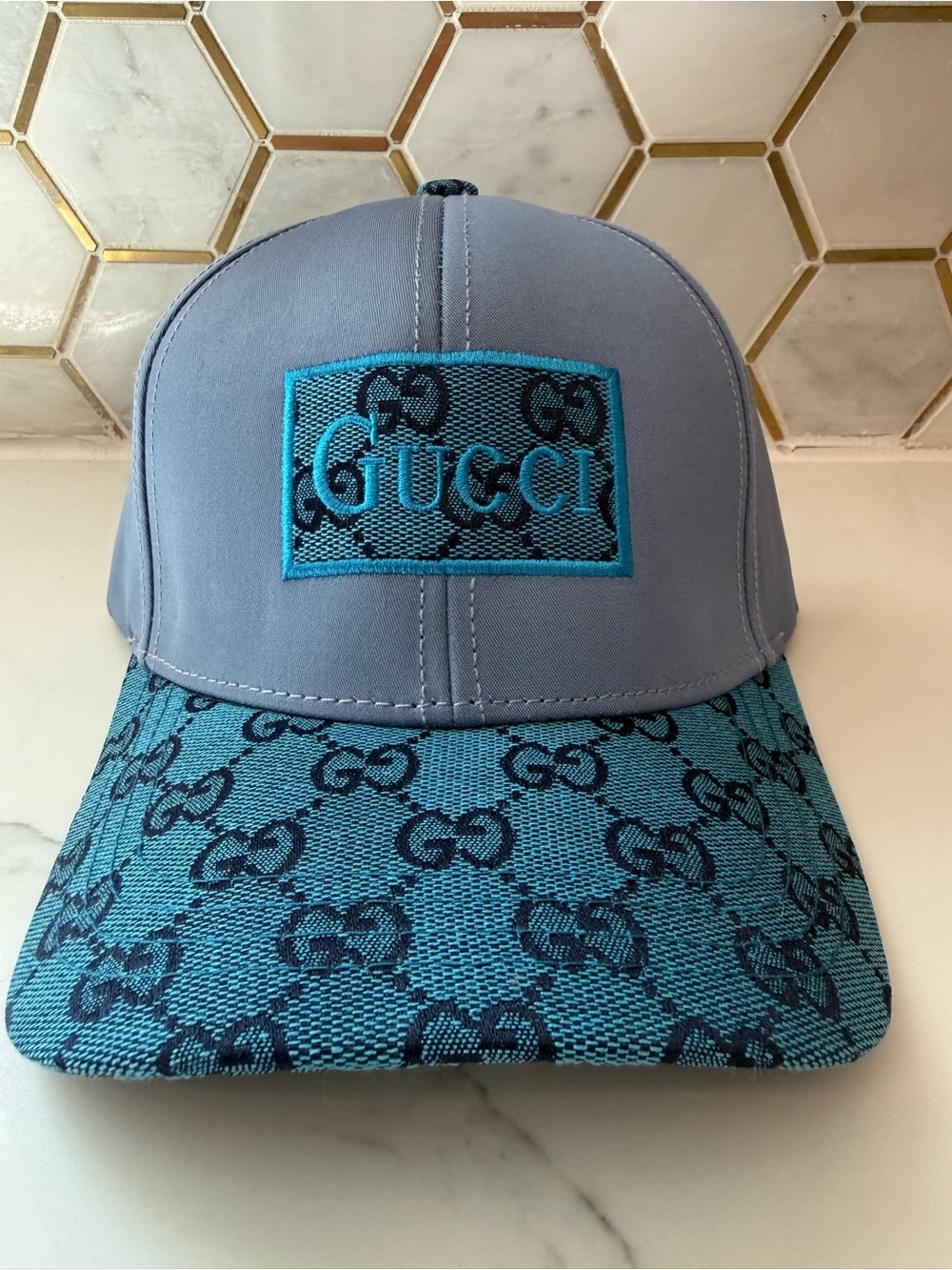 New Gucci Men's Light Blue Logo Baseball Cap adjustable
